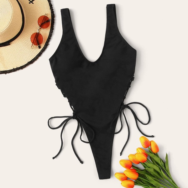 

Lace Up Side One Piece Swimsuit, Black