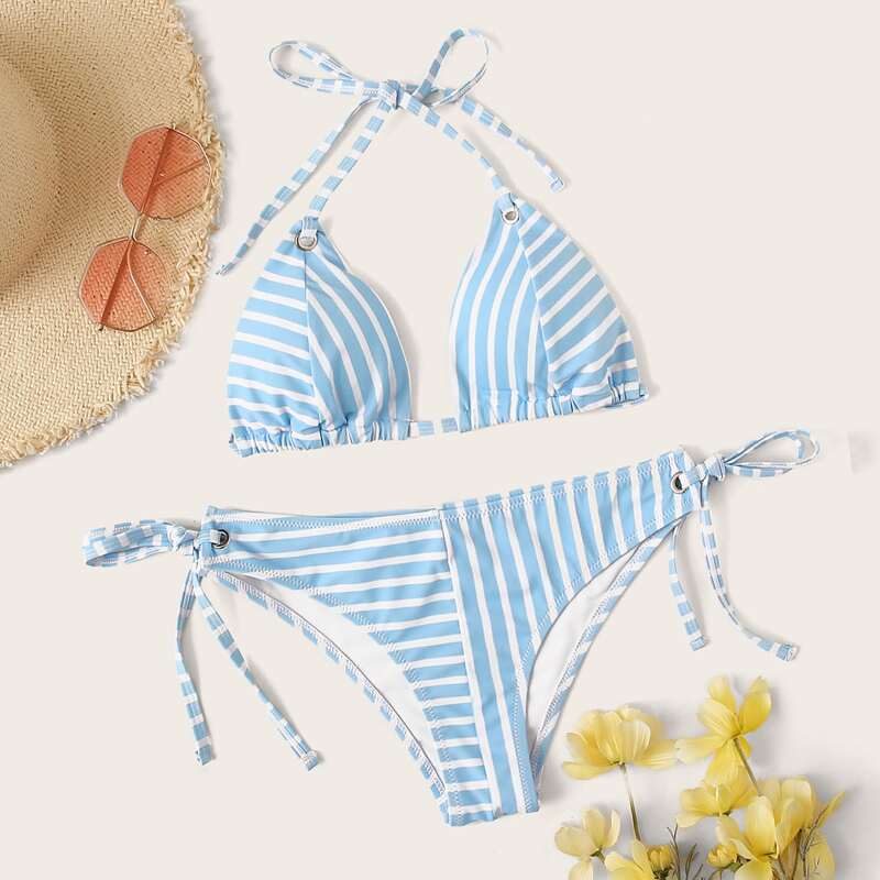 

Striped Triangle Halter Bikini Swimsuit, Blue
