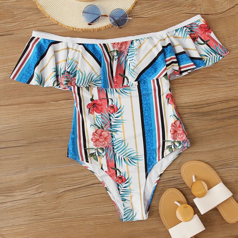 

Floral & Chain Print Bardot One Piece Swimsuit, Multicolor