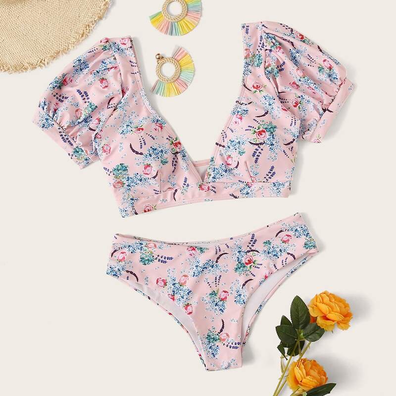 

Floral Short Puff Sleeve Bikini Swimsuit, Multicolor