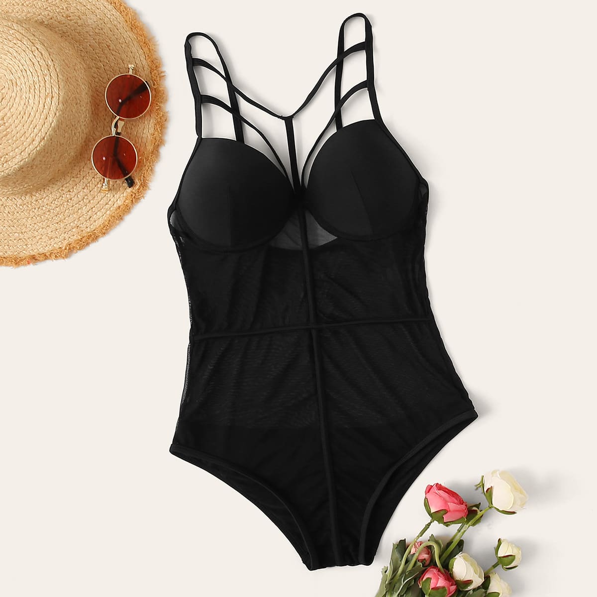 

Harness Detail Mesh One Piece Swimsuit, Black