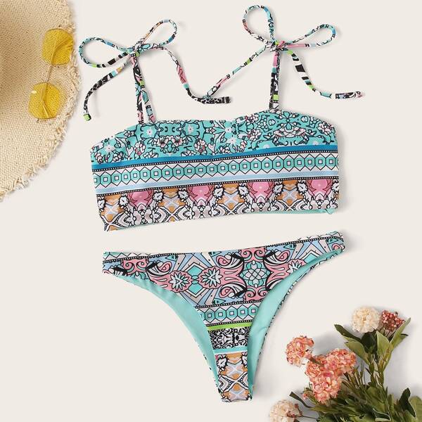 

Tribal Tie Shoulder Bikini Swimsuit, Multicolor