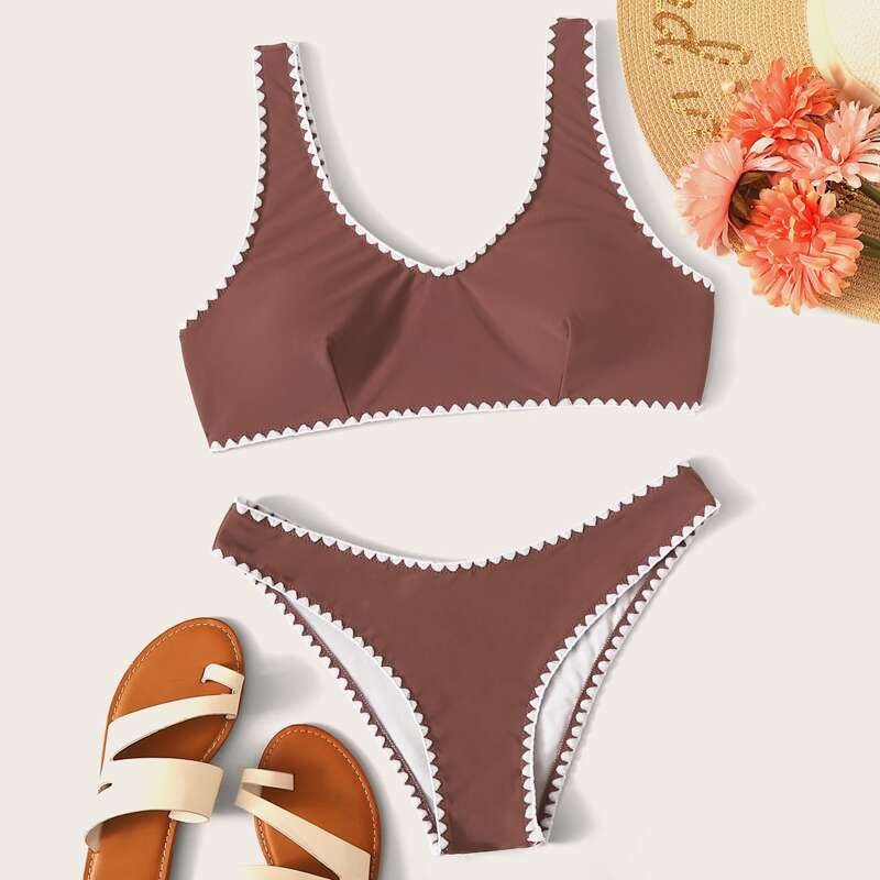 

Whip Stitch High Cut Bikini Swimsuit, Brown