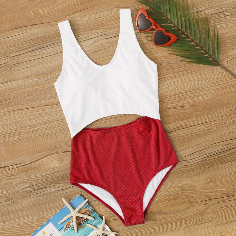

Rib Two Tone Cut-out One Piece Swimsuit, Multicolor