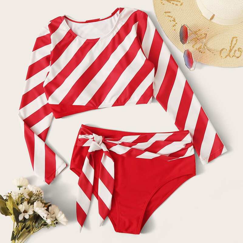 

Striped Long Sleeve Tie Front Bikini Swimsuit, Red