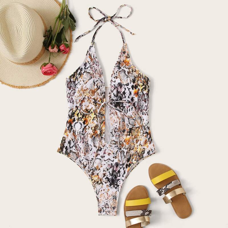 

Snakeskin Print Plunging Halter One Piece Swimsuit, Multicolor