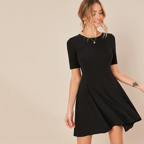 

Solid Fit And Flare Dress, Black