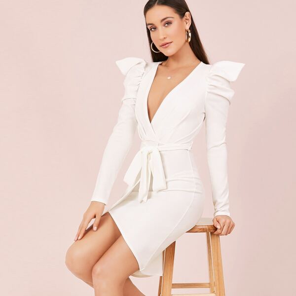 

Long Puff Sleeve Surplice V-Neck Waist Tie Dress, White