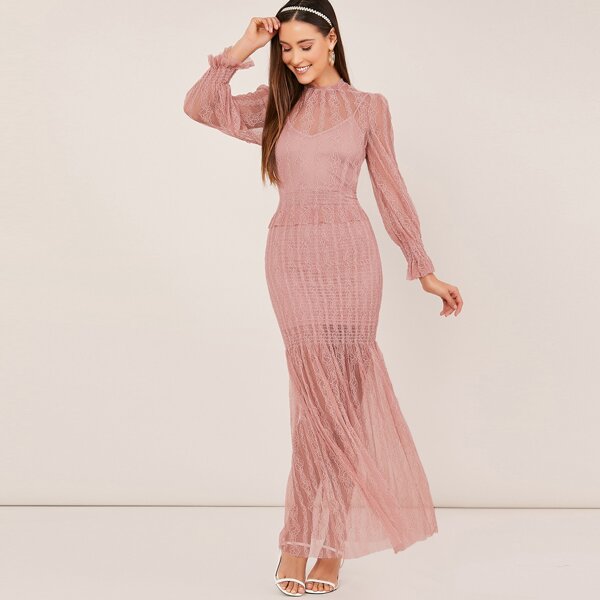 

Back Keyhole Long Sleeve Lace Maxi Dress, Pink