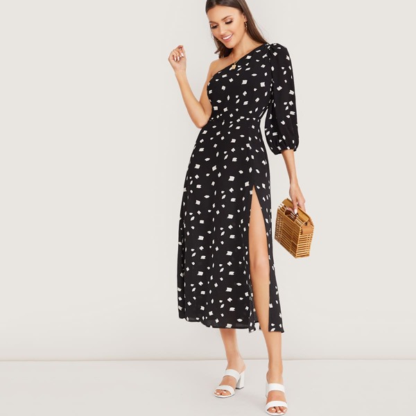 

One Shoulder Spotted Midi Dress With Side Slit, Black