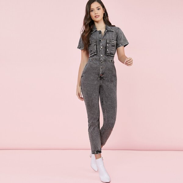 

Short Sleeve Button Front Denim Overall Jumpsuit, Black
