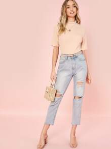 SHEIN 漏斗領素色t恤 - 米色 - 查看 5