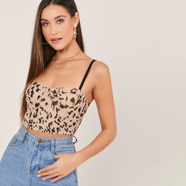 

Underwire And Boned Leopard Bustier Mesh Top, Multicolor