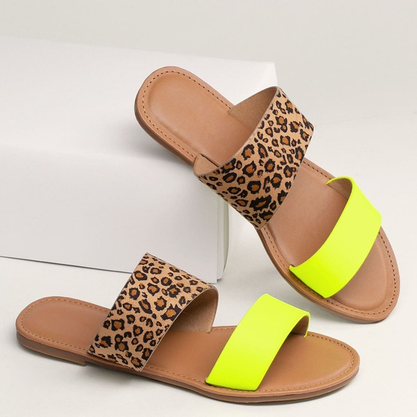 

Neon Leopard Open Toe Double Band Slide Sandals, Multicolor