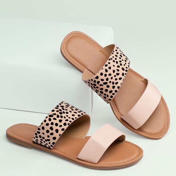 

Open Toe Twin Cheetah Band Slide Sandals, Multicolor