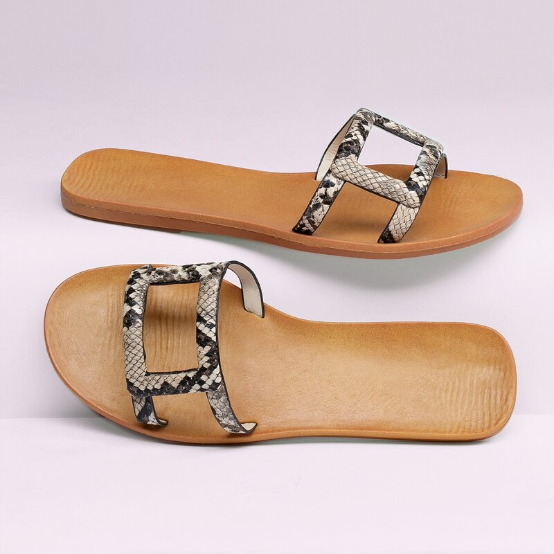 

Snakeskin Open Toe Cut Out Band Flat Slide Sandals, Multicolor