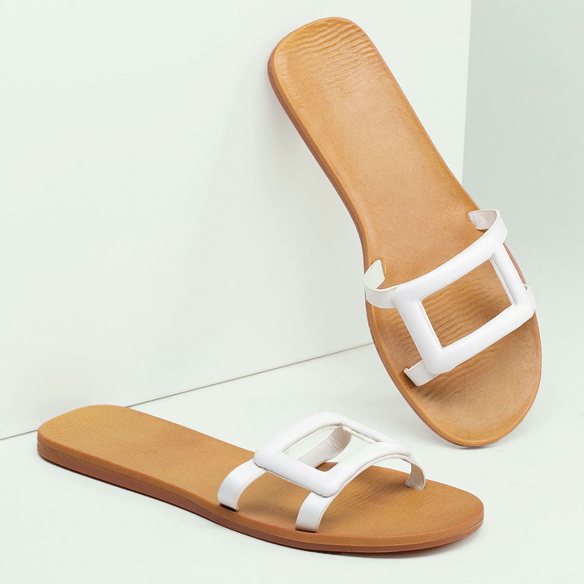 

Open Toe Square Cut Out Band Flat Slide Sandals, White