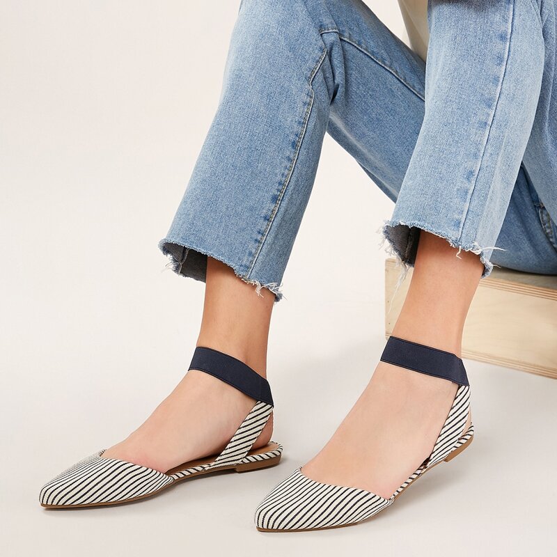 

Elastic Ankle Strap Stripe Pointed Toe Flats, Multicolor