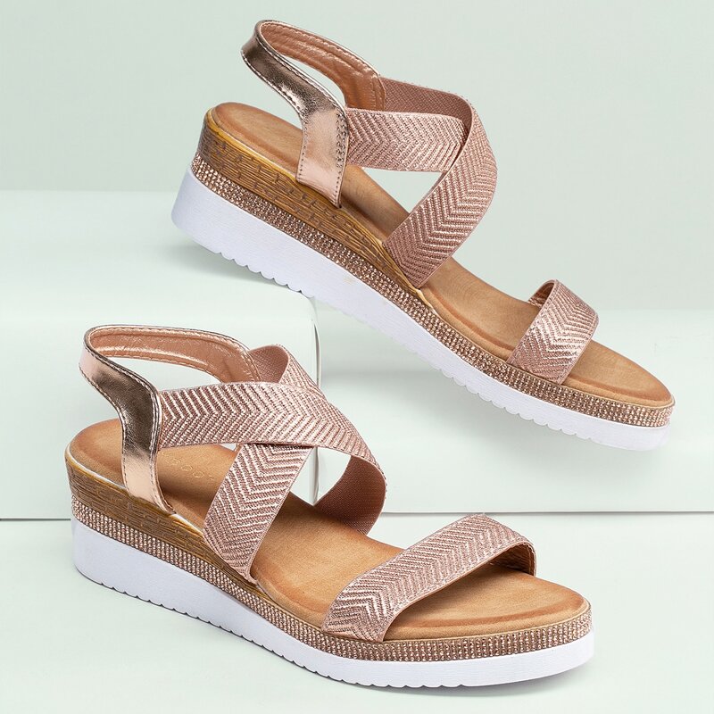 

Rhinestone Trim Open Toe Low Wedge Sandals, Pink