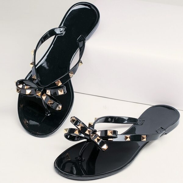 

Stud Bow Detail Jelly Thong Sandals, Black