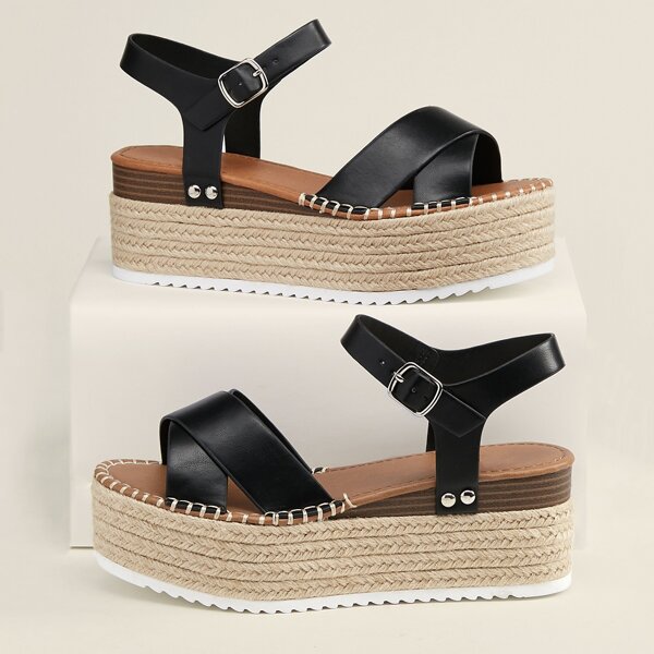 

Cross Open Toe Band Flatform Espadrille Sandals, Black
