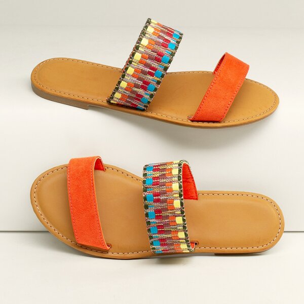 

Open Toe Double Woven Band Flat Slide Sandals, Multicolor