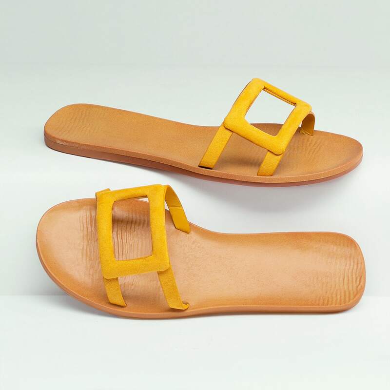 

Open Toe Square Cut Out Band Flat Slide Sandals, Yellow