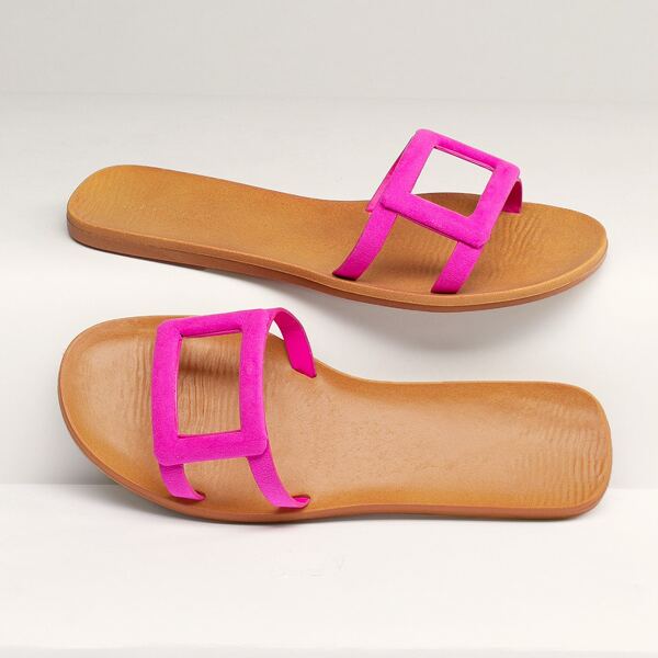 

Open Toe Square Cut Out Band Flat Slide Sandals, Hot pink