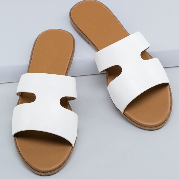

Dual Cut Out Open Toe Flat Slide Sandals, White