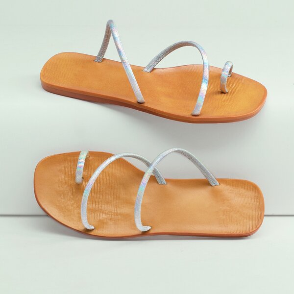 

Iridescent Toe Loop Multi Strap Flat Slide Sandals, Silver