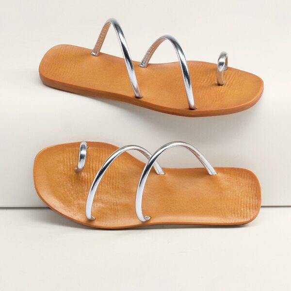 

Metallic Toe Loop Multi Strap Flat Slide Sandals, Silver