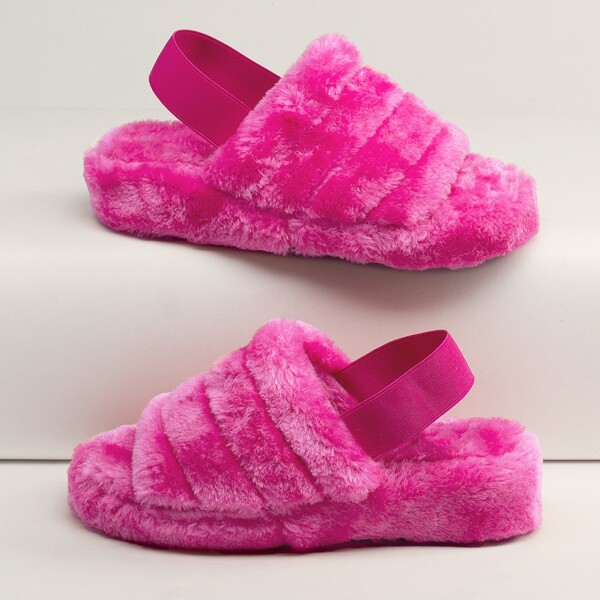 

Шлепанцы с открытой пяткой из искусственного меха, Ярко-розовый