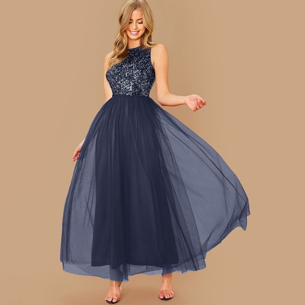 

Sequin Bodice Mesh Overlay Maxi Dress, Navy blue