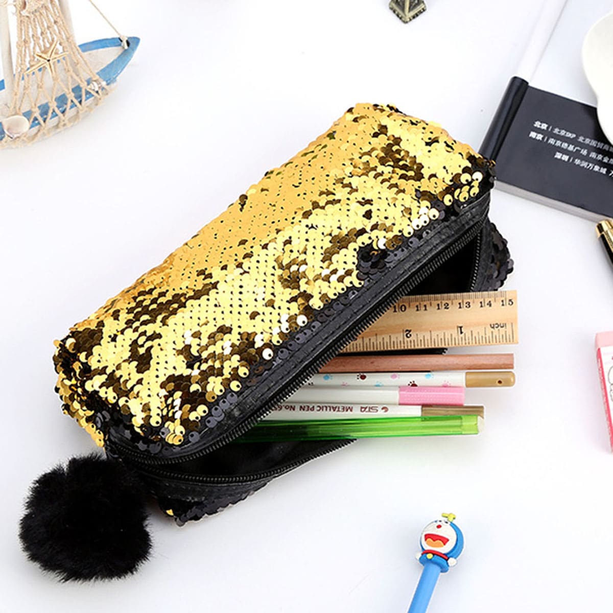 

1pc Random Pom Pom Decor Sequin Pencil Case