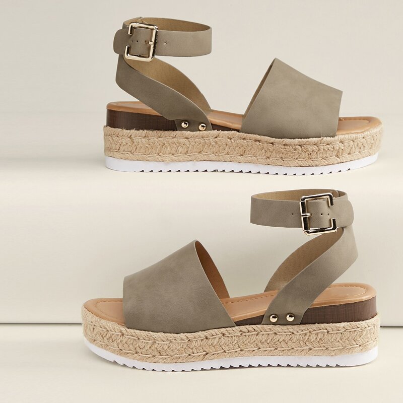 

Open Toe Ankle Strap Platform Espadrille Sandals, Khaki