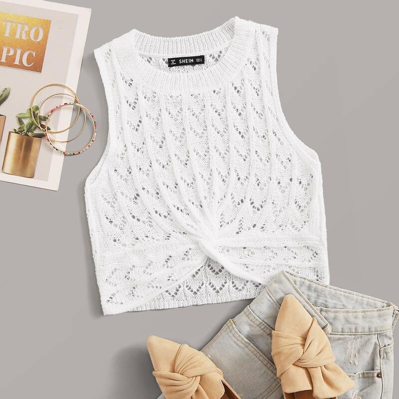 

Twist Front Crop Pointelle Knit Top Without Bra, White