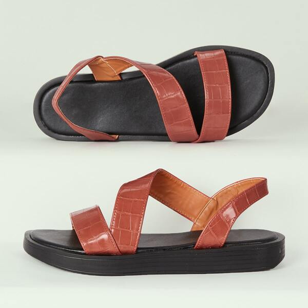 

Asymmetric Open Toe Slingback Crocodile Sandals, Red