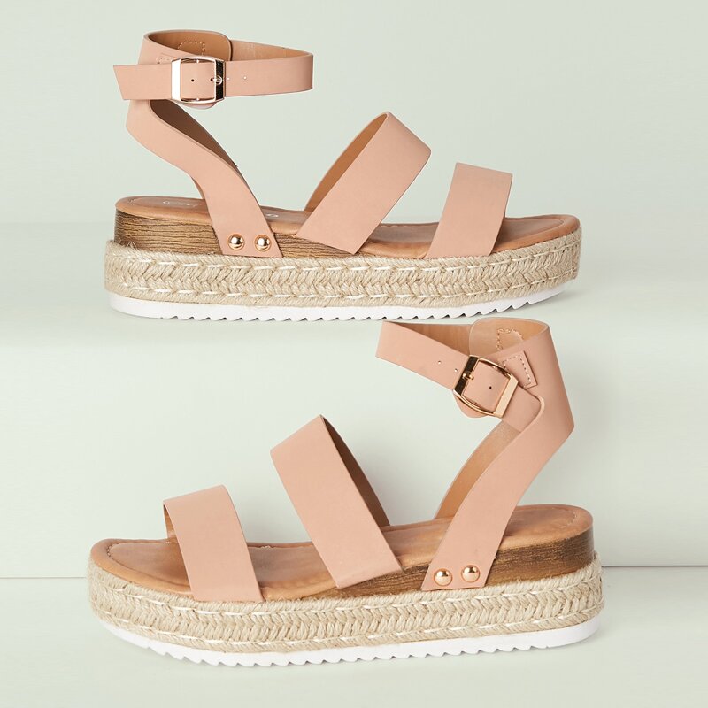 

Two Band Buckled Ankle Platform Espadrille Sandals, Pink