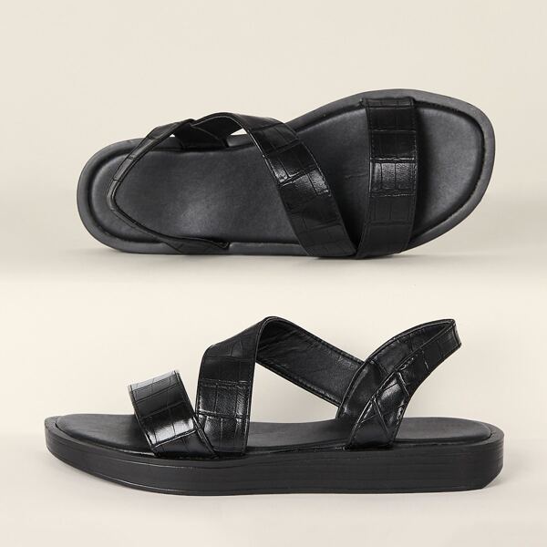 

Asymmetric Open Toe Slingback Croc Sandals, Black