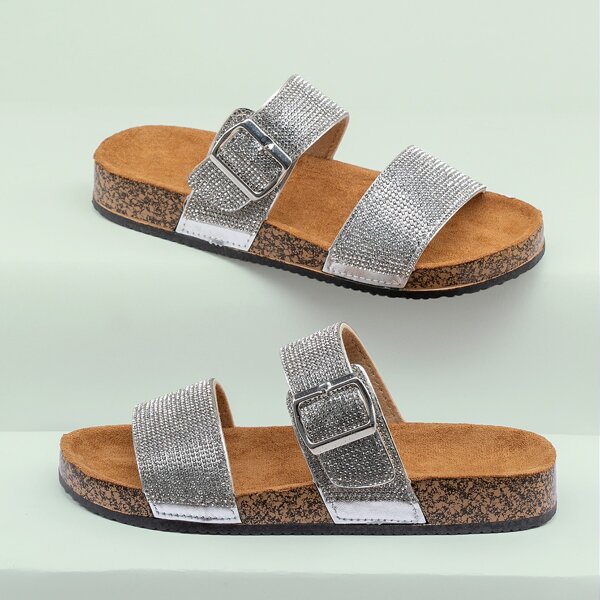 

Double Crystal Band Footbed Sole Slide Sandals, Silver
