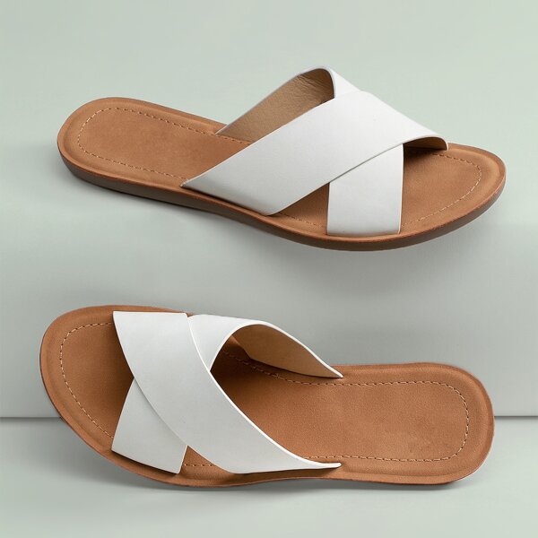 

Open Toe Overlap Band Flat Slide Sandals, White