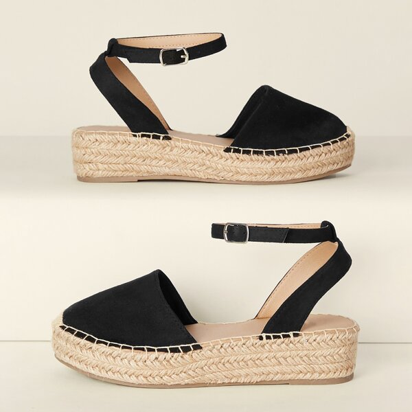 

Buckled Ankle Strap Flatform Espadrilles, Black