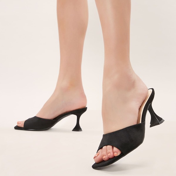 

Square Open Toe Sculpted Kitten Heel Mules, Black