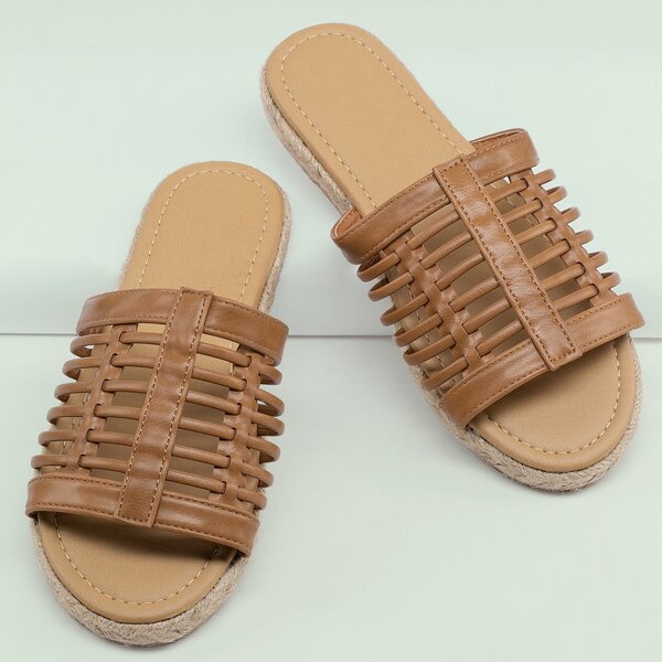 

Woven Open Toe Flat Slide Sandals, Brown