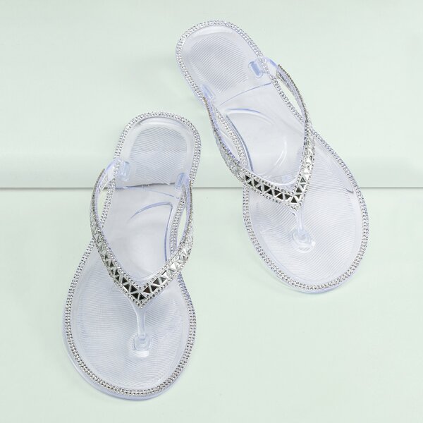 

Crystal Trim Clear Jelly Y-Strap Sandals, White