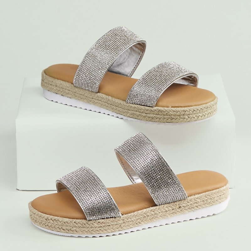 

Two Diamante Metallic Band Flatform Slide Sandals, Silver