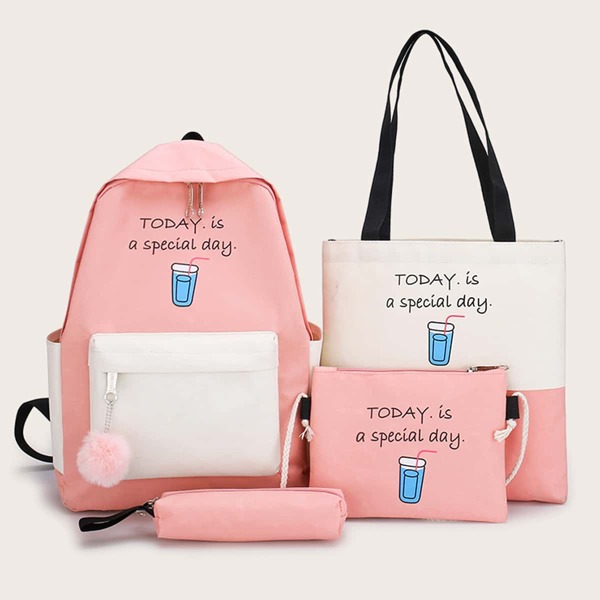 

4pcs Letter Graphic Backpack With Tote Bag, Pink