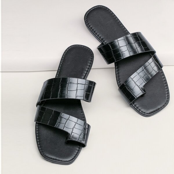 

Toe Ring Croc Embossed Flat Slide Sandals, Black