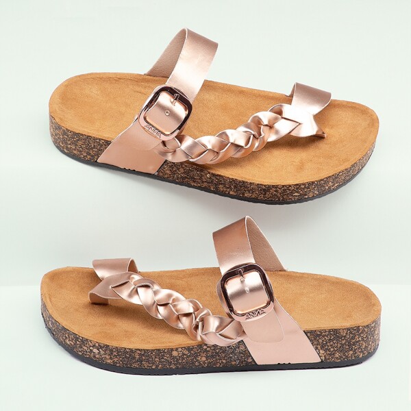 

Metallic Woven Toe Ring Buckled Cork Sole Sandals, Champagne