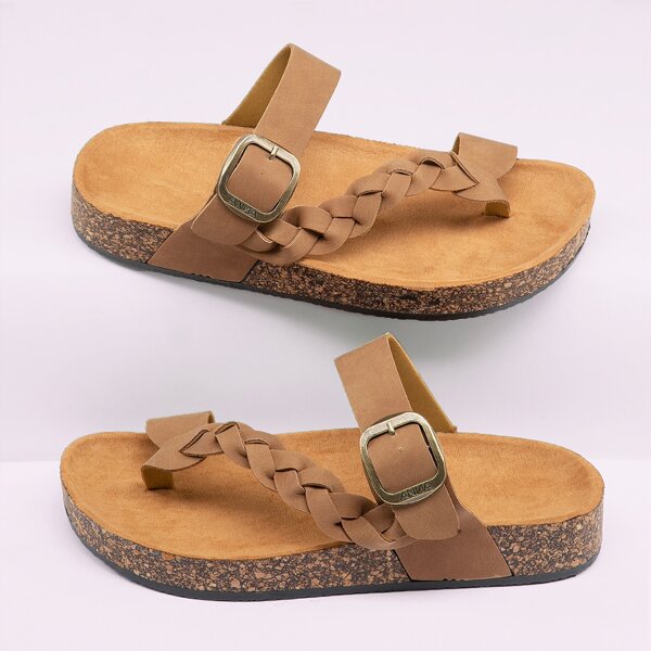 

Woven Toe Ring Buckled Cork Sole Sandals, Brown